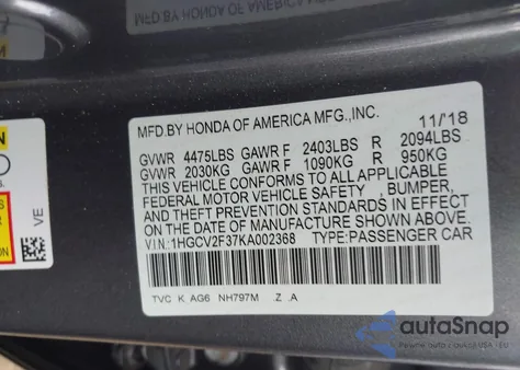 2019 Honda Accord Sport 2.0T z USA, uszkodzony, nr VIN 1HGCV2F37KA002368